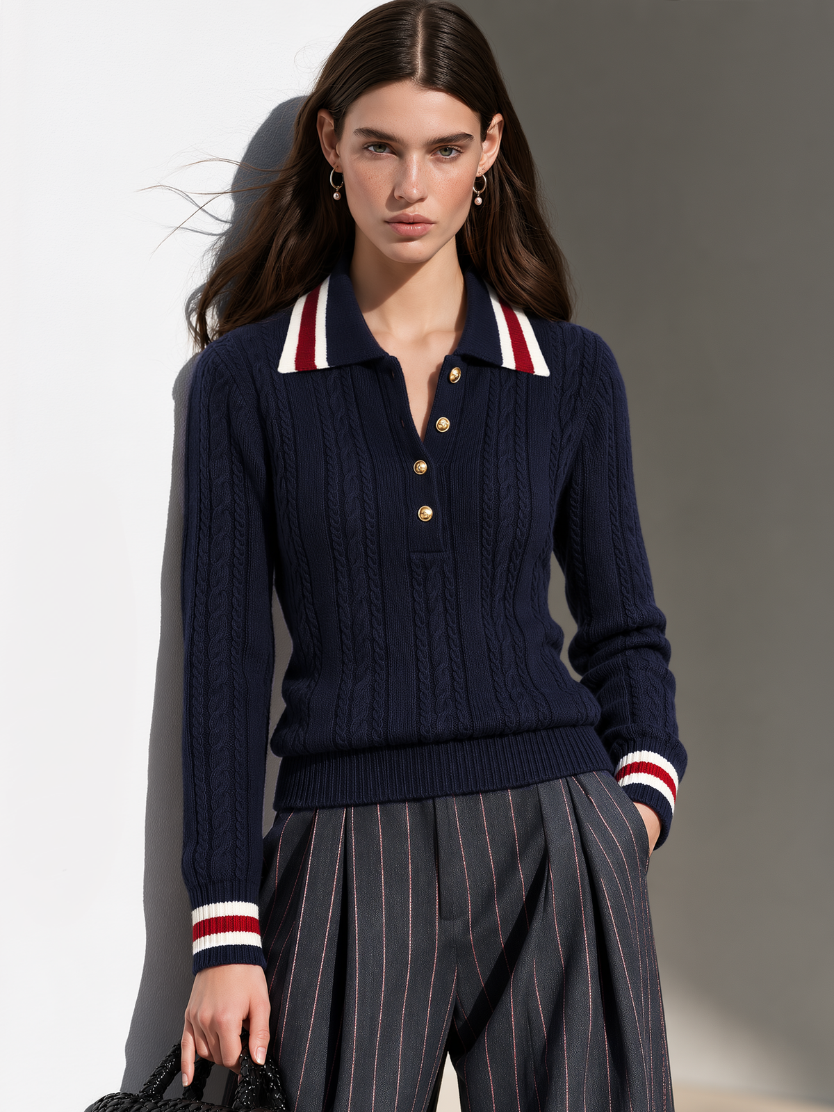 Navy Cable Knit Striped Collar Polo Sweater