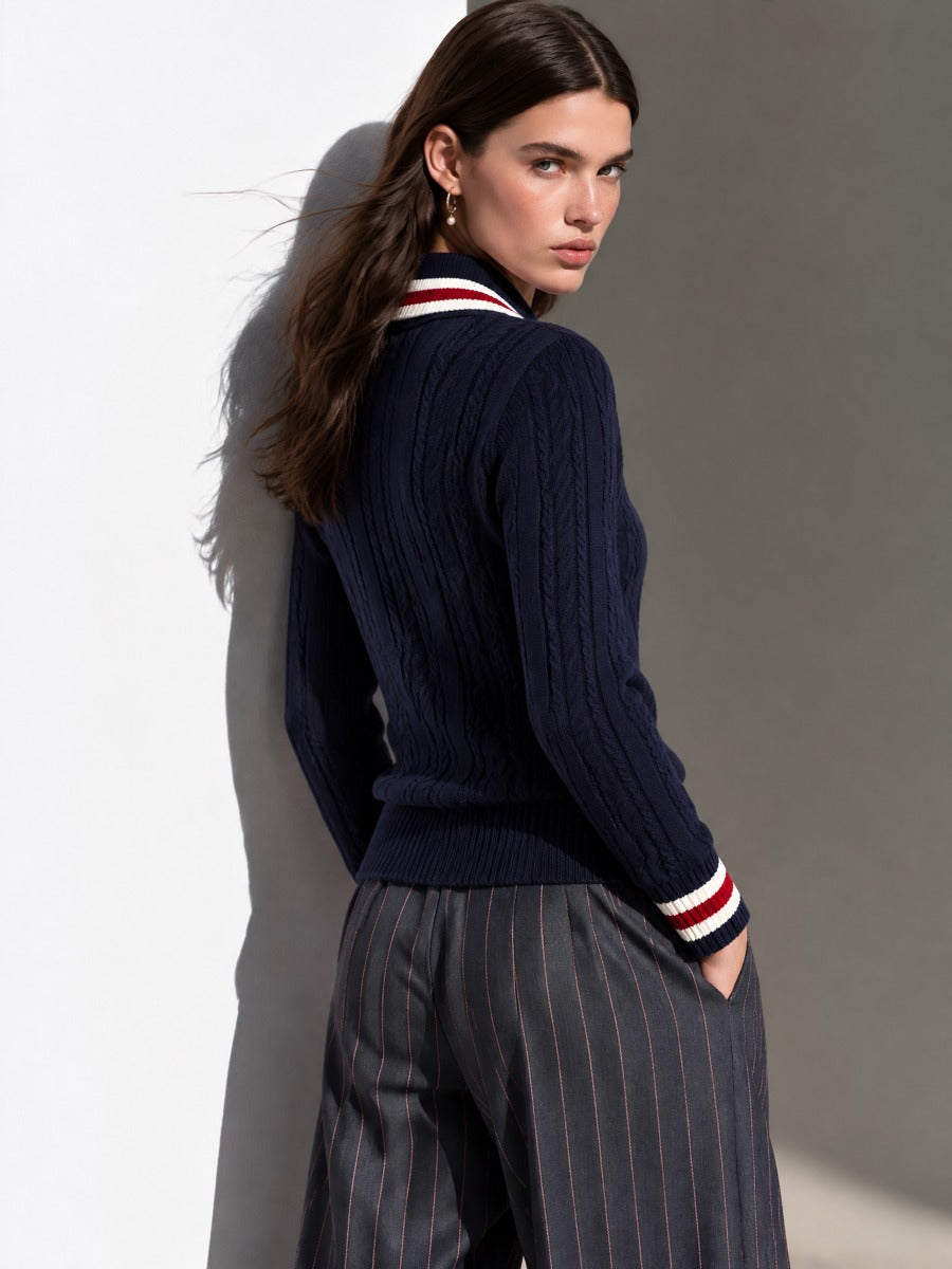 Navy Cable Knit Striped Collar Polo Sweater