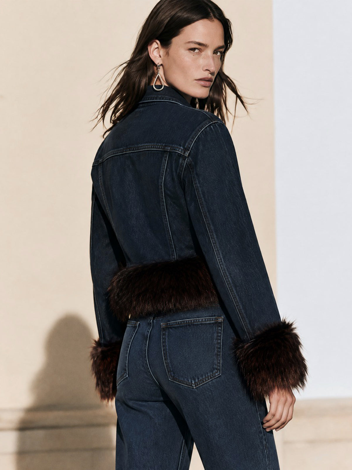 Dark Denim Contrast Fur Trim Jacket