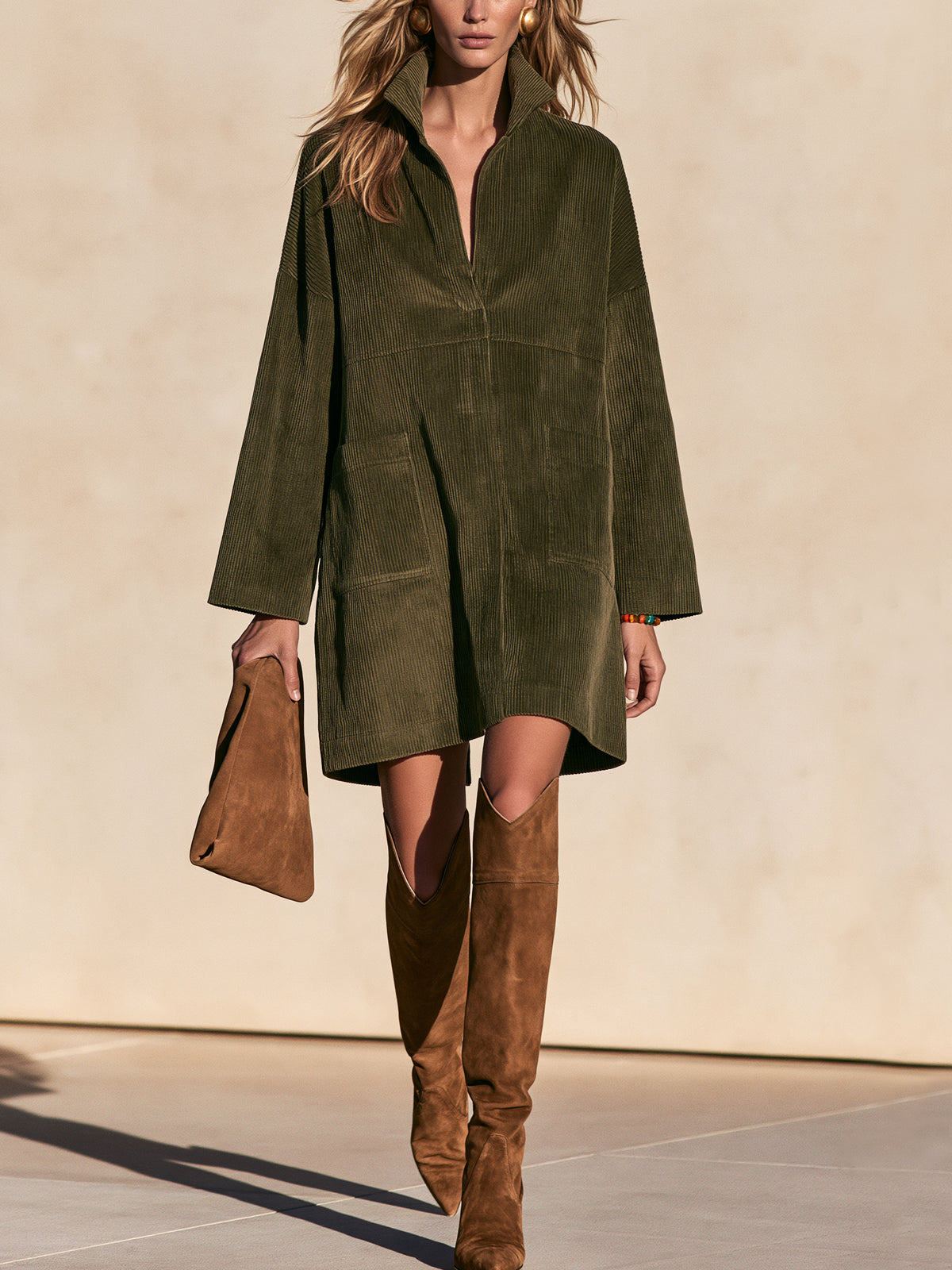 Army Green Corduroy Stand Collar Tunic Midi Dress