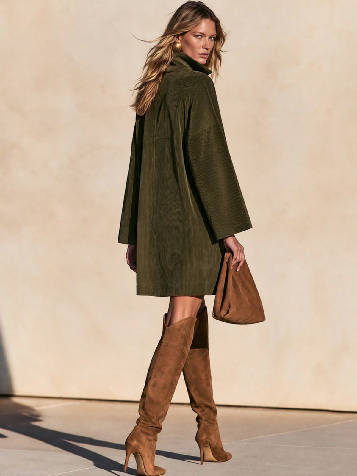 Army Green Corduroy Stand Collar Tunic Midi Dress