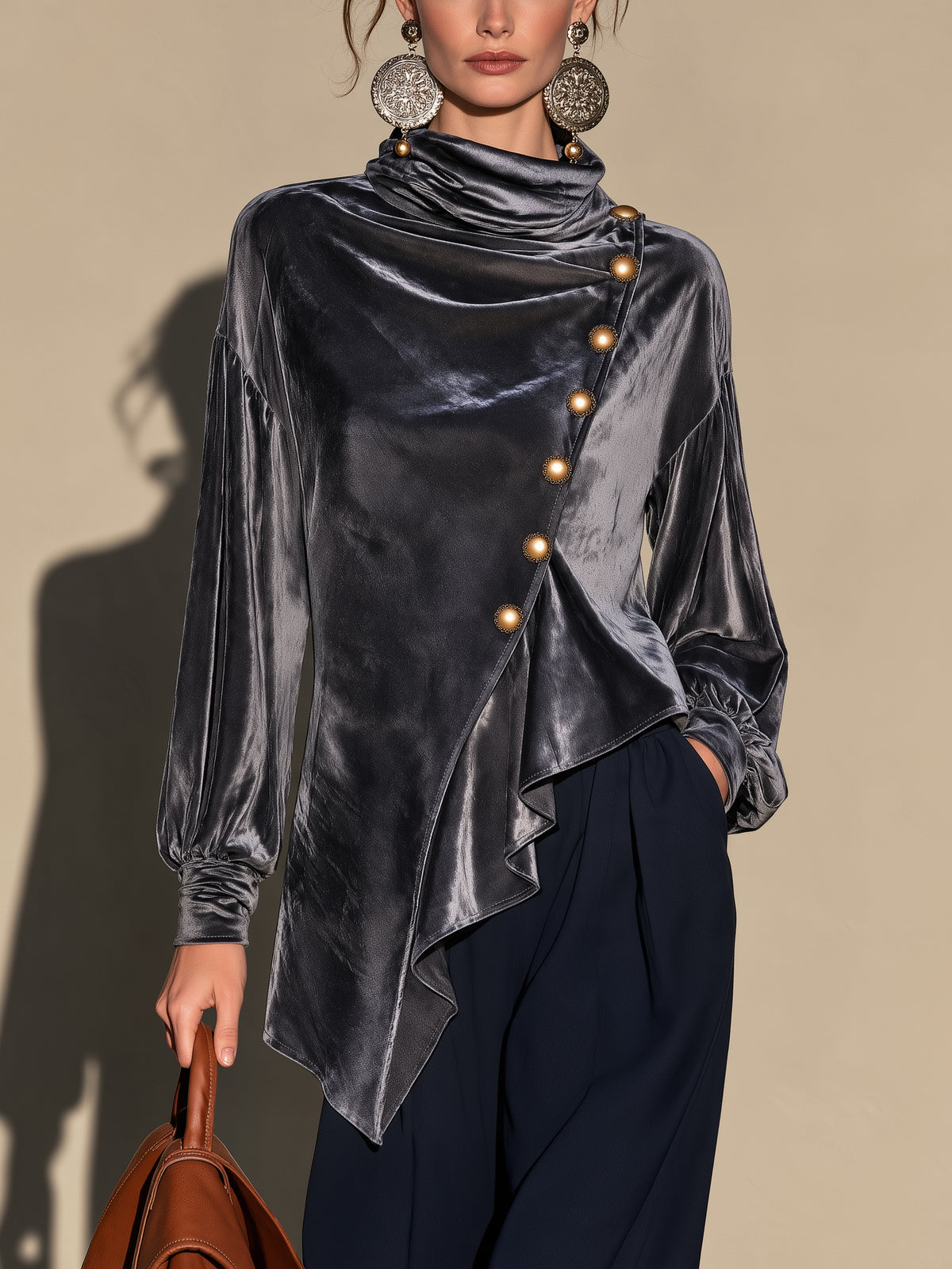 Velvet Cowl Neck Asymmetric Blouse