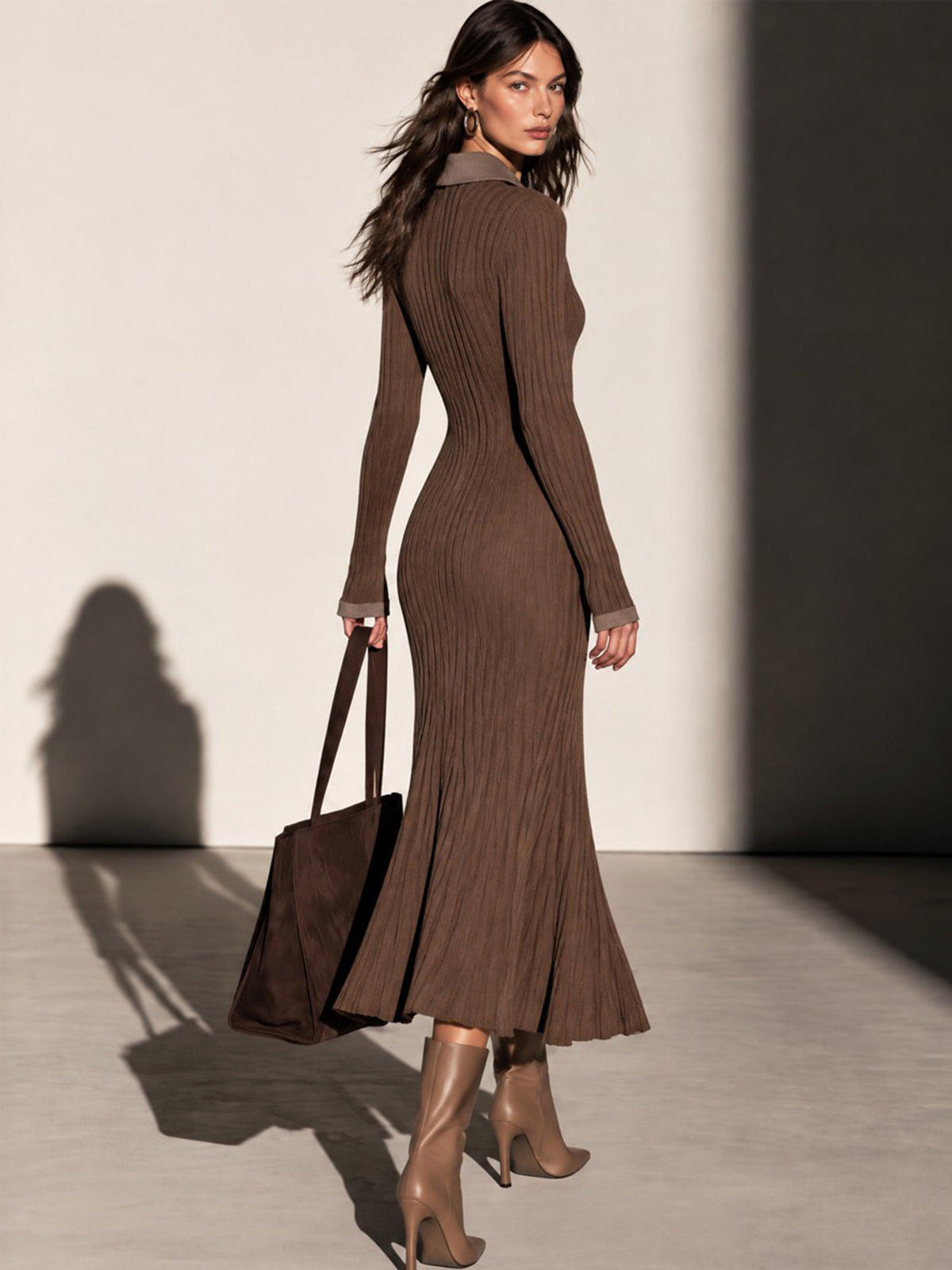 Contrast Collar & Placket Button Mermaid Hem Midi Dress