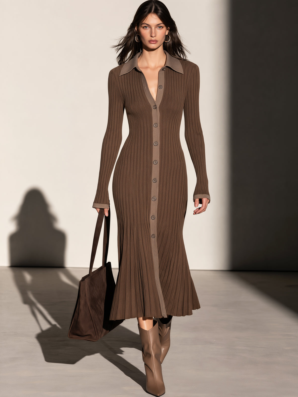 Contrast Collar & Placket Button Mermaid Hem Midi Dress