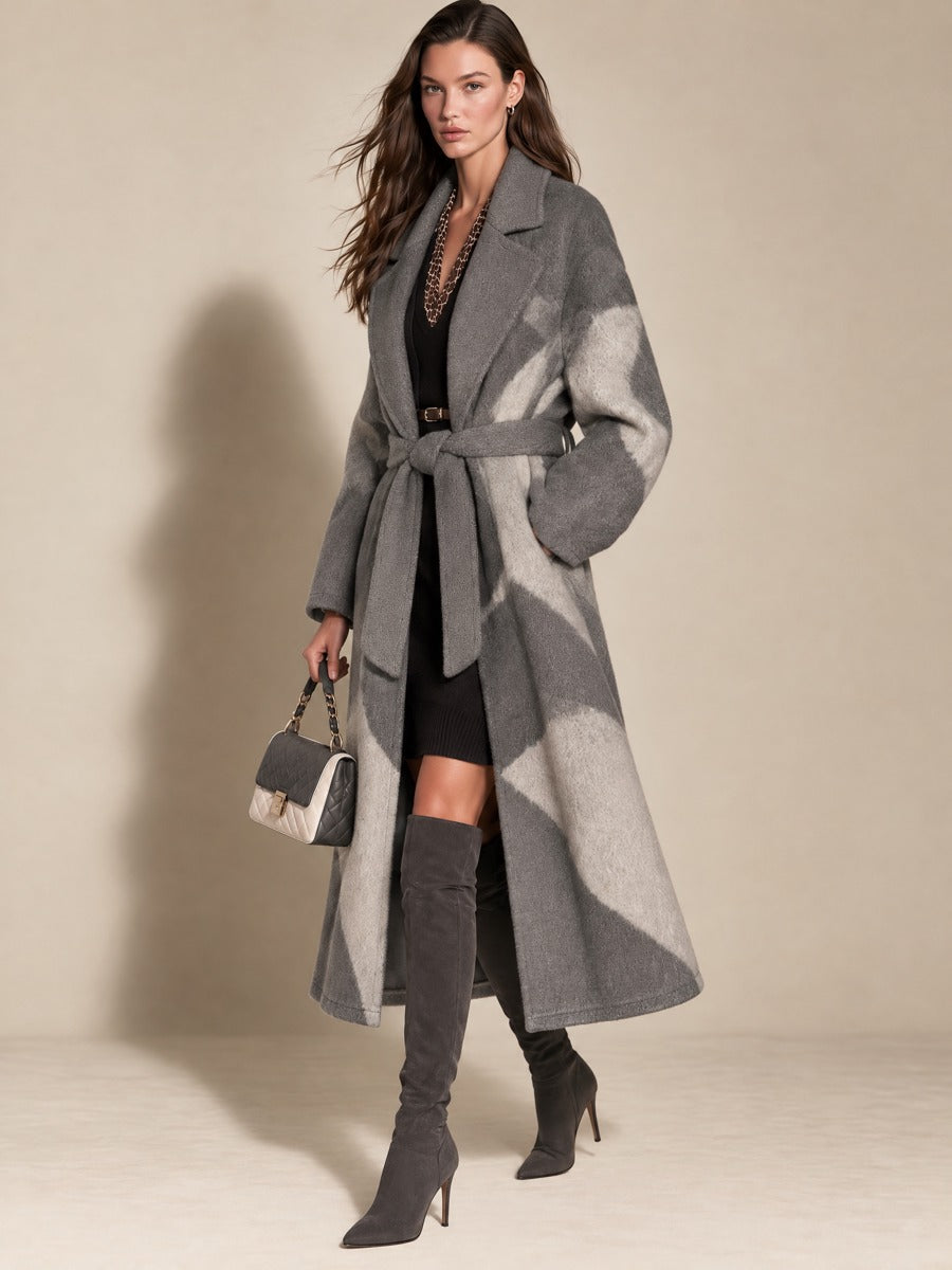 Grey Patchwork Lapel Waist Tie Wool Long Winter Coat
