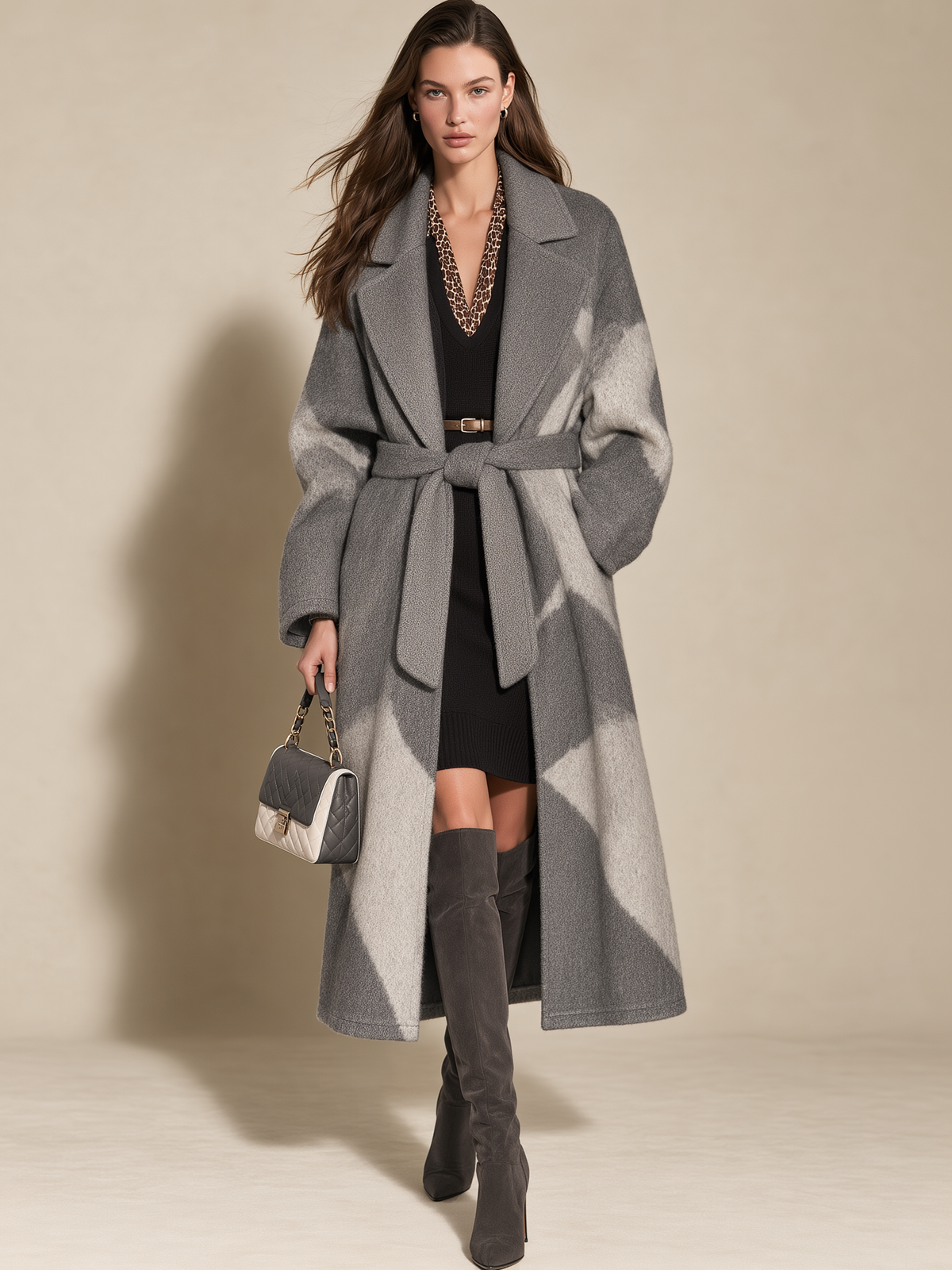 Grey Patchwork Lapel Waist Tie Wool Long Winter Coat