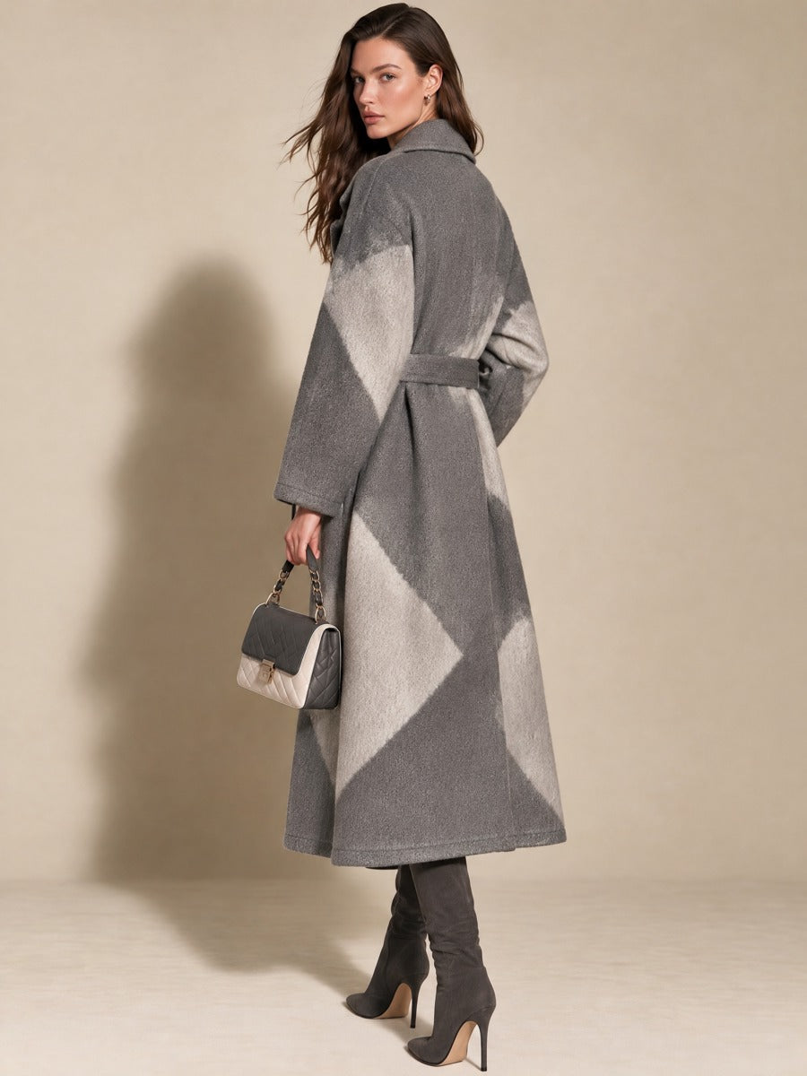 Grey Patchwork Lapel Waist Tie Wool Long Winter Coat