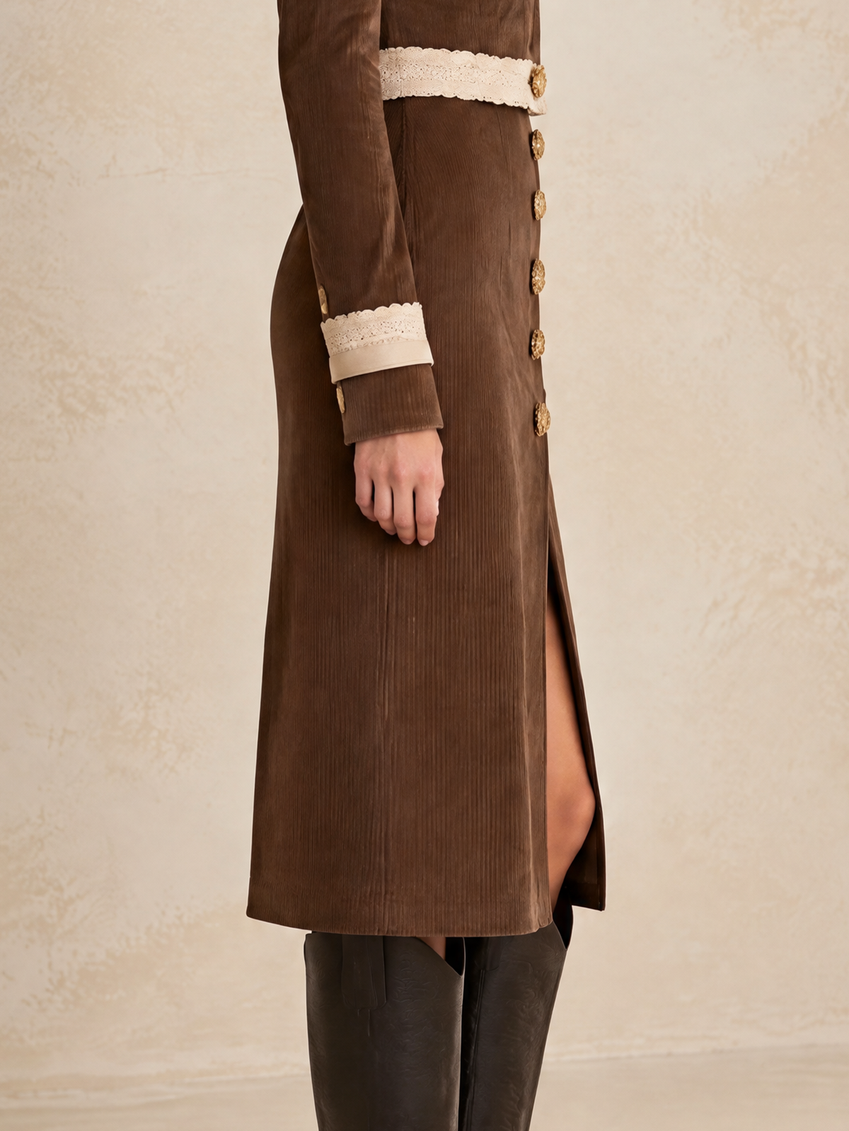 Brown Corduroy Side-Slit Midi Skirt