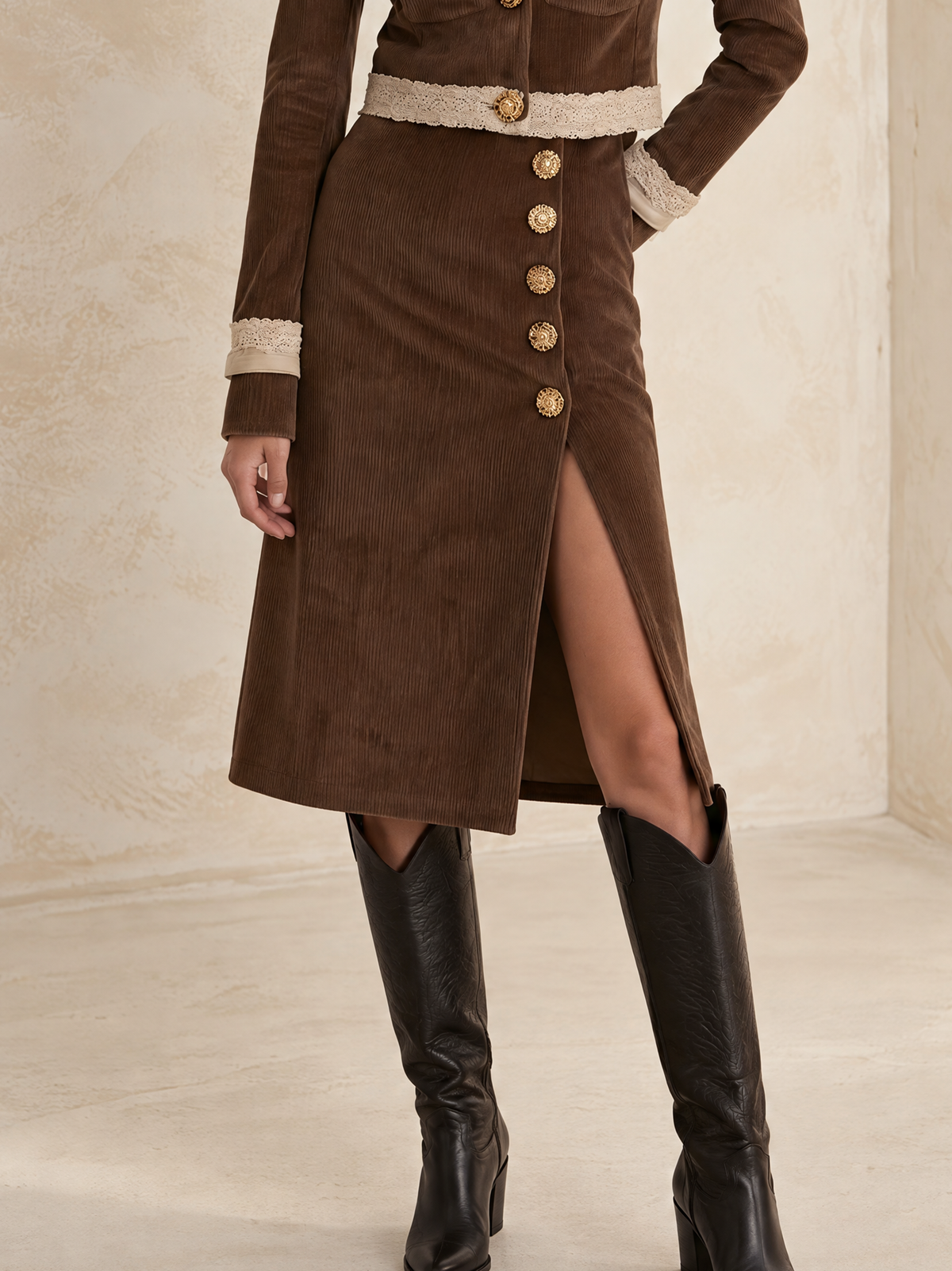 Brown Corduroy Side-Slit Midi Skirt
