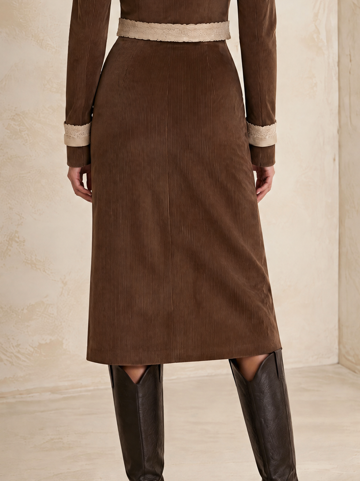 Brown Corduroy Side-Slit Midi Skirt