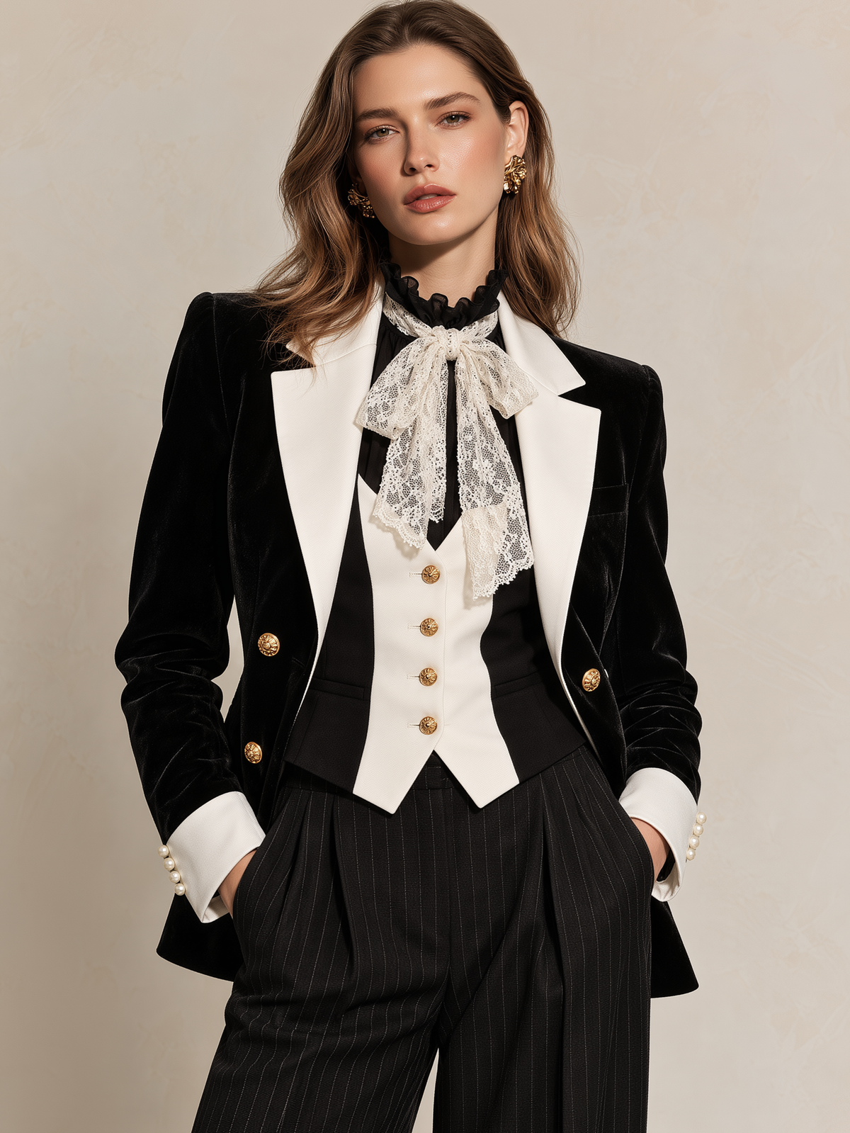 Black Velvet Satin Trim Gold Decorative Button Blazer