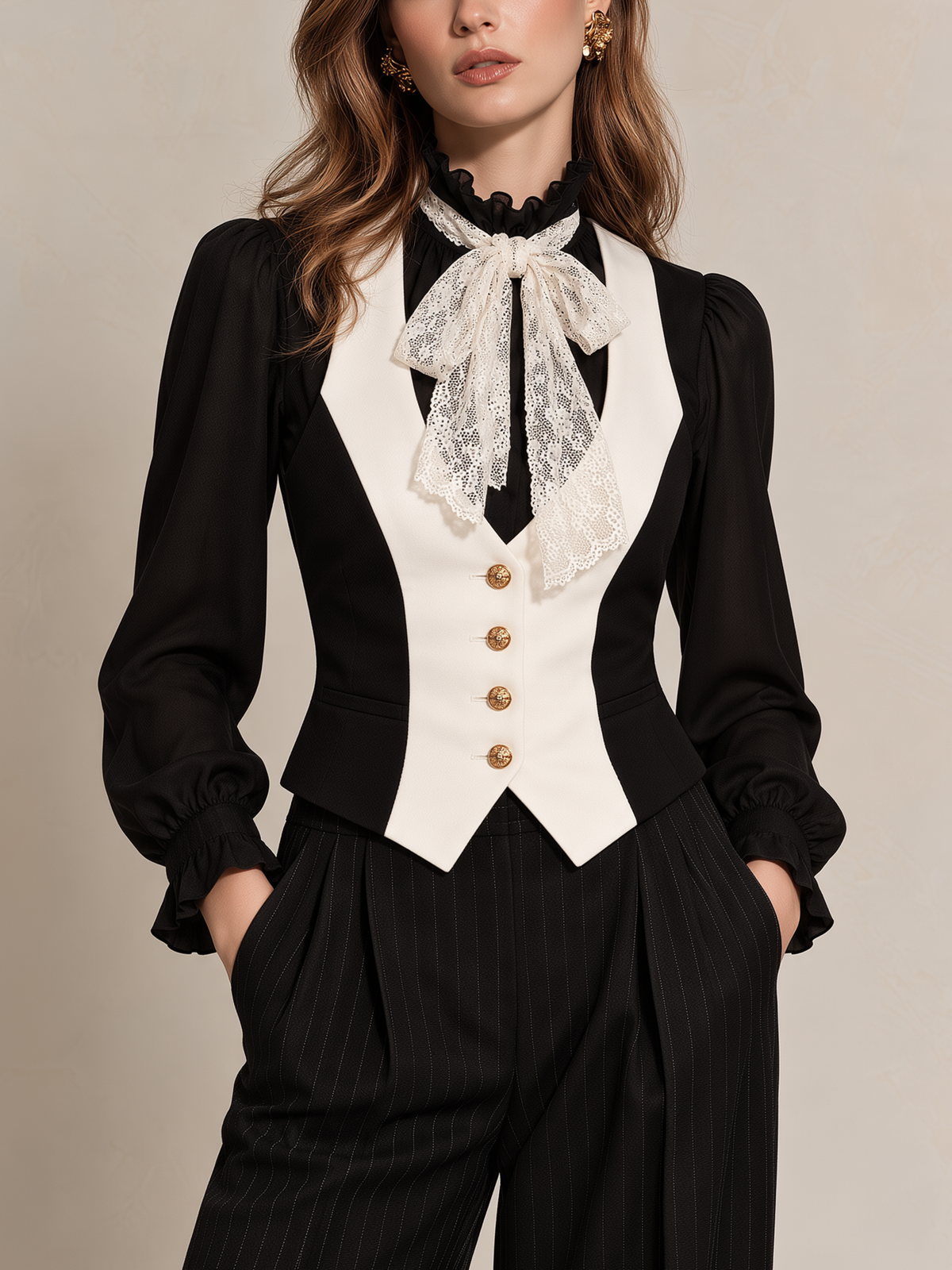 Black White Panel Gold Button Cropped Waistcoat