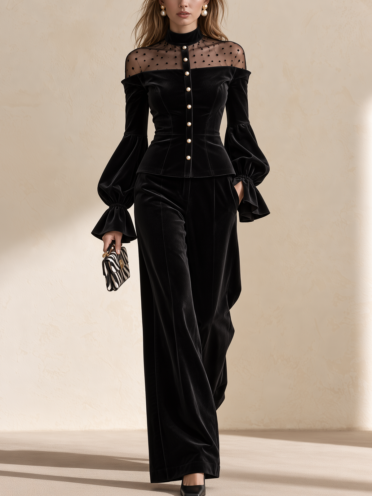 Black Velvet Polka Dot Mesh High Neck Wide Leg Pants Set
