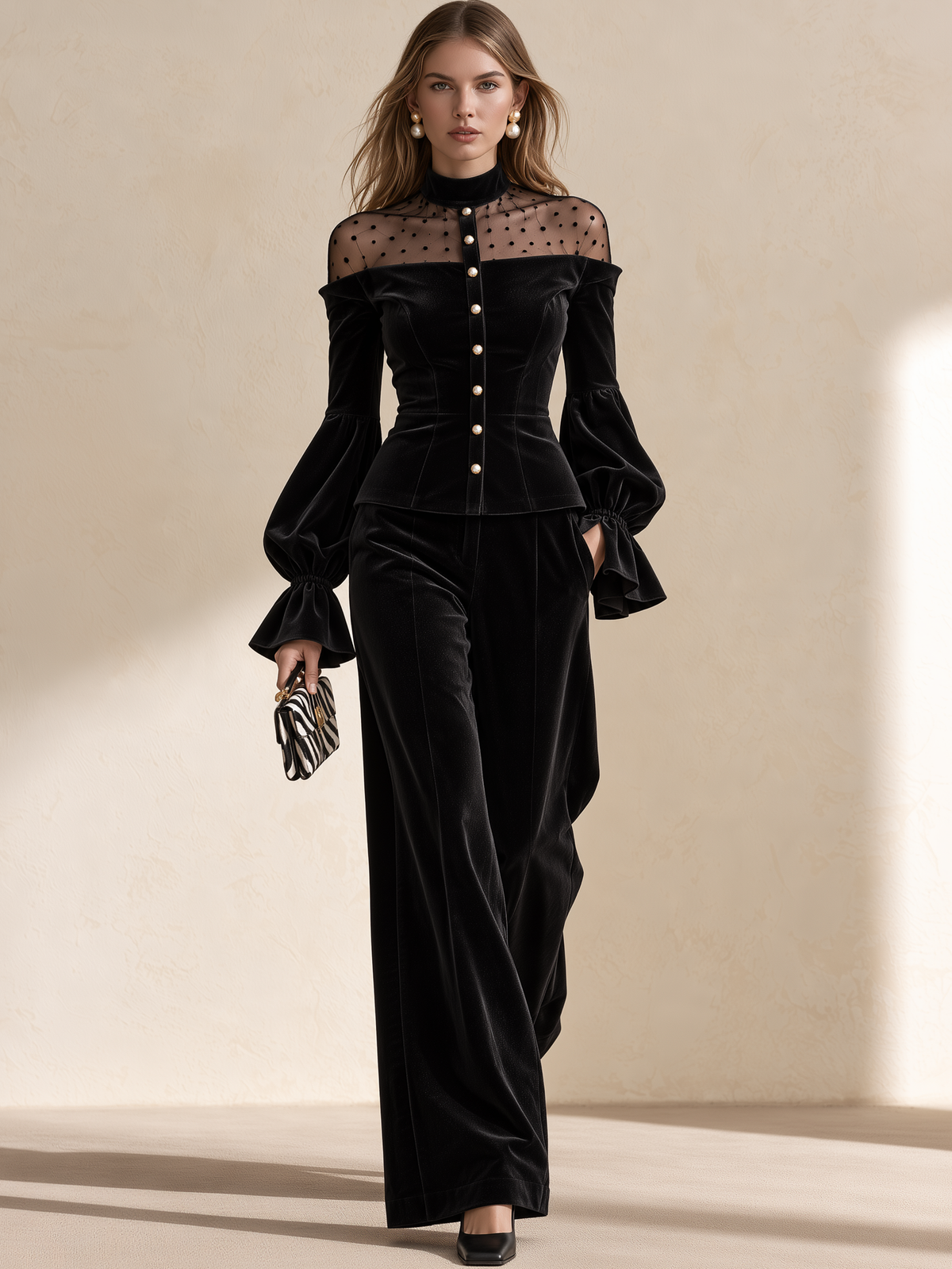 Black Velvet Polka Dot Mesh High Neck Wide Leg Pants Set