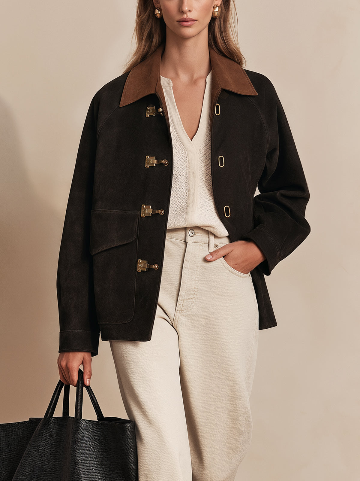 Suede Contrast Collar Jacket Coat