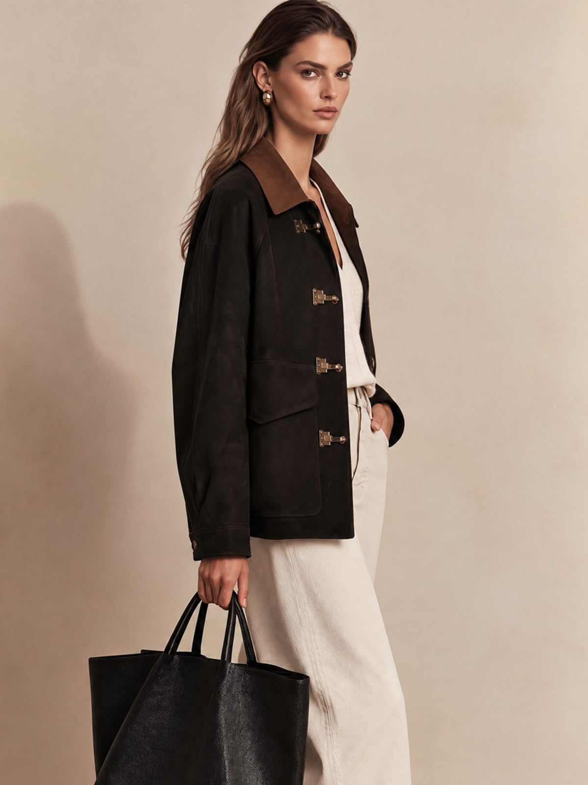 Suede Contrast Collar Jacket Coat