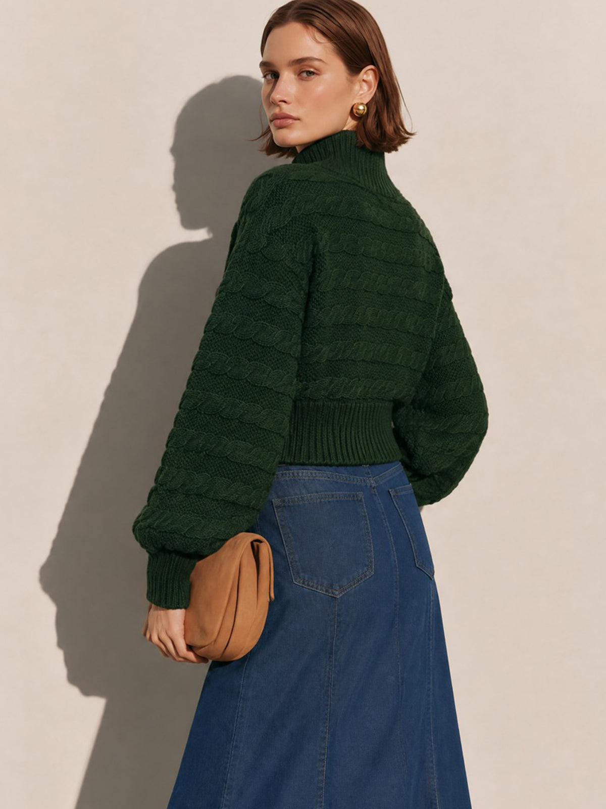 Cable Knit High Collar Cropped Cardigan Knitwear