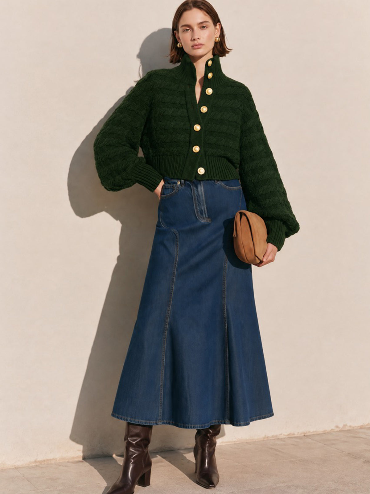 Cable Knit High Collar Cropped Cardigan Knitwear