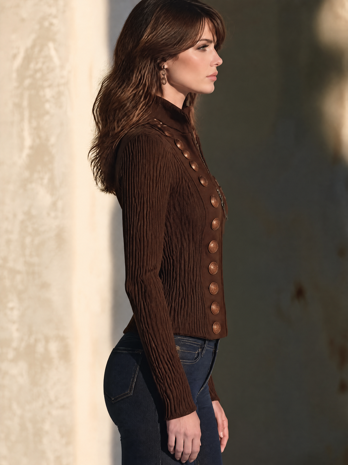Brown Military Zip-Front Knit Jacket With Antique Copper Buttons