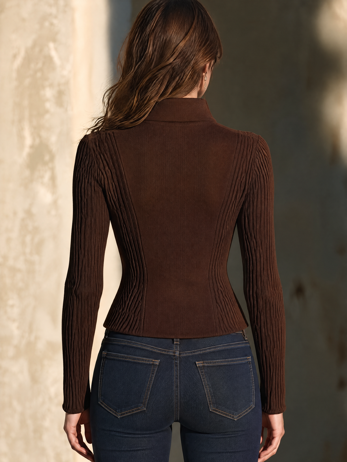 Brown Military Zip-Front Knit Jacket With Antique Copper Buttons