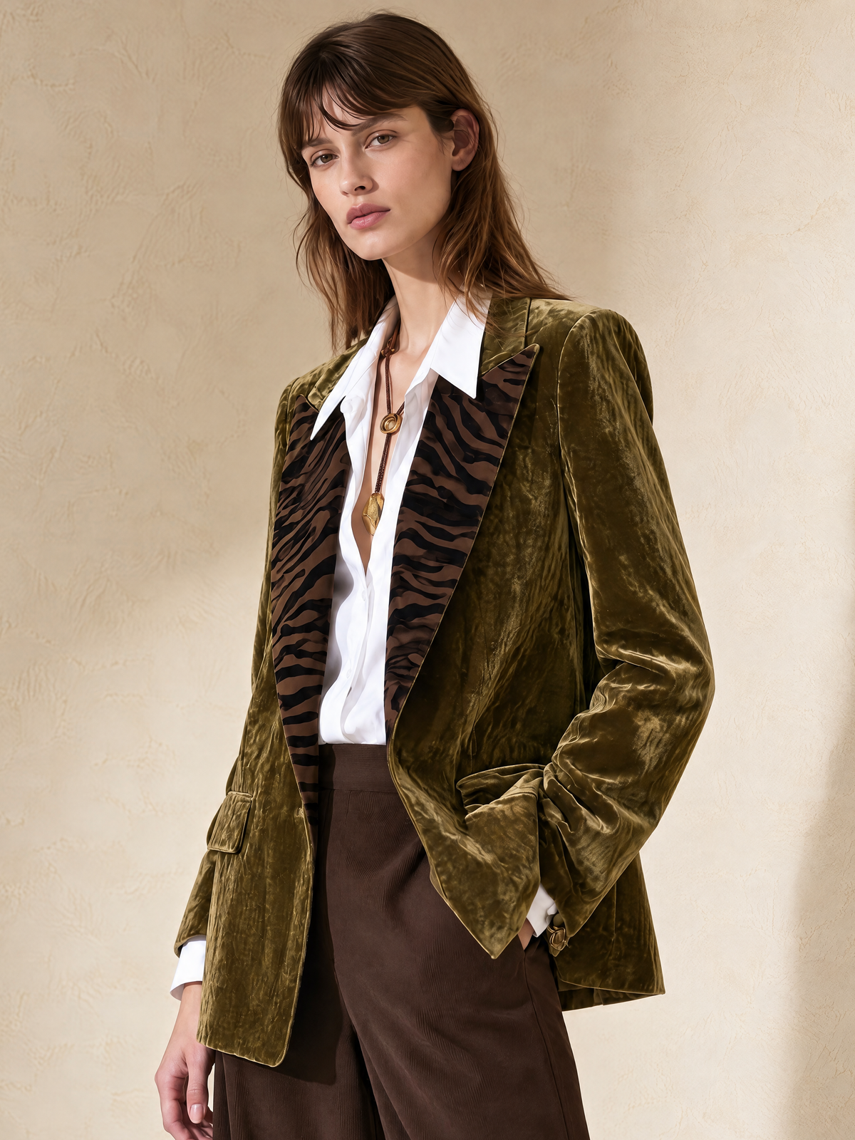 Olive Green Velvet Blazer With Zebra Print Contrast Lapels