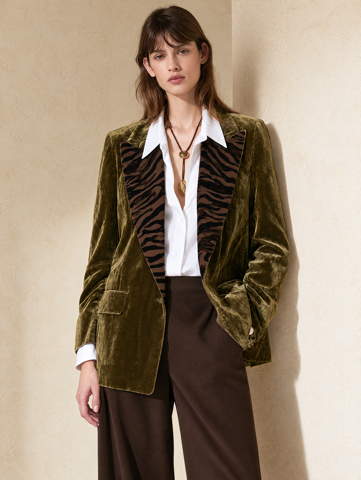 Olive Green Velvet Blazer With Zebra Print Contrast Lapels