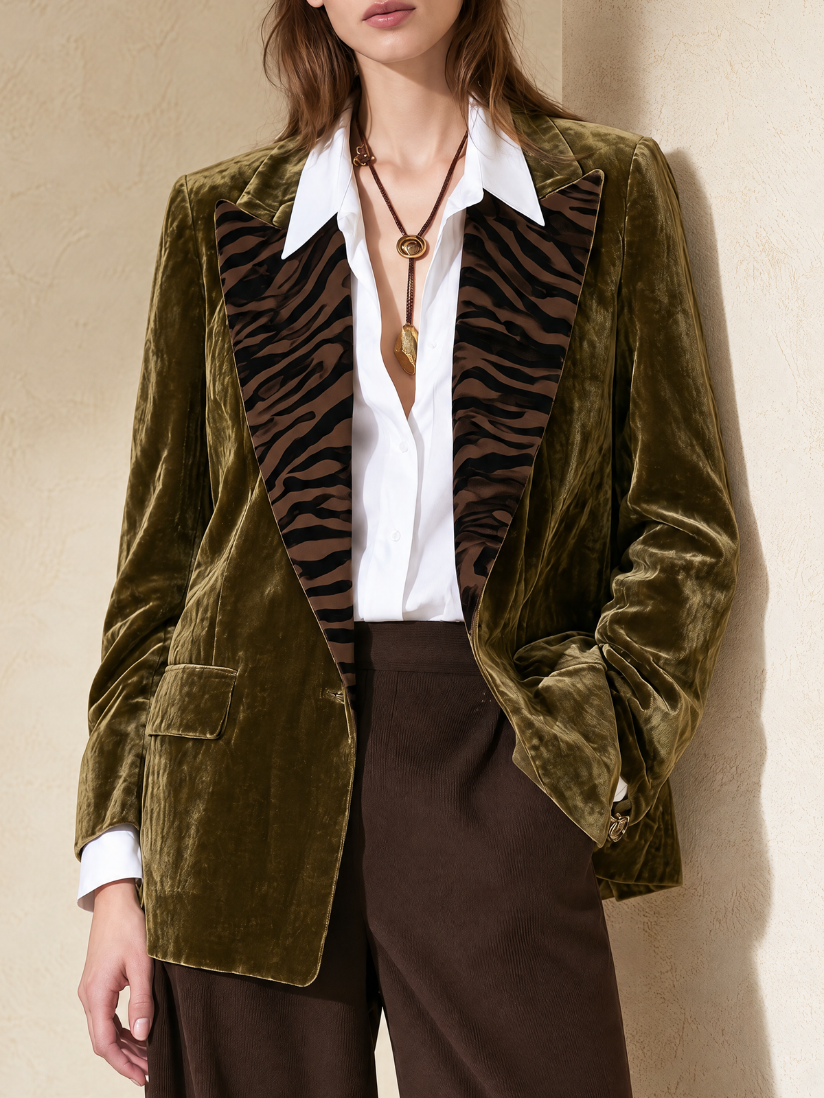 Olive Green Velvet Blazer With Zebra Print Contrast Lapels