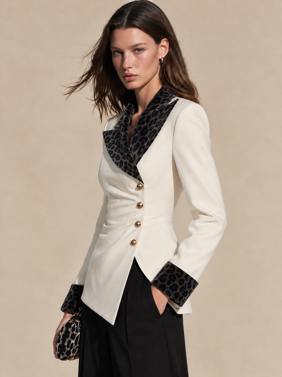 Leopard Lapel Cinched Waist Blazer