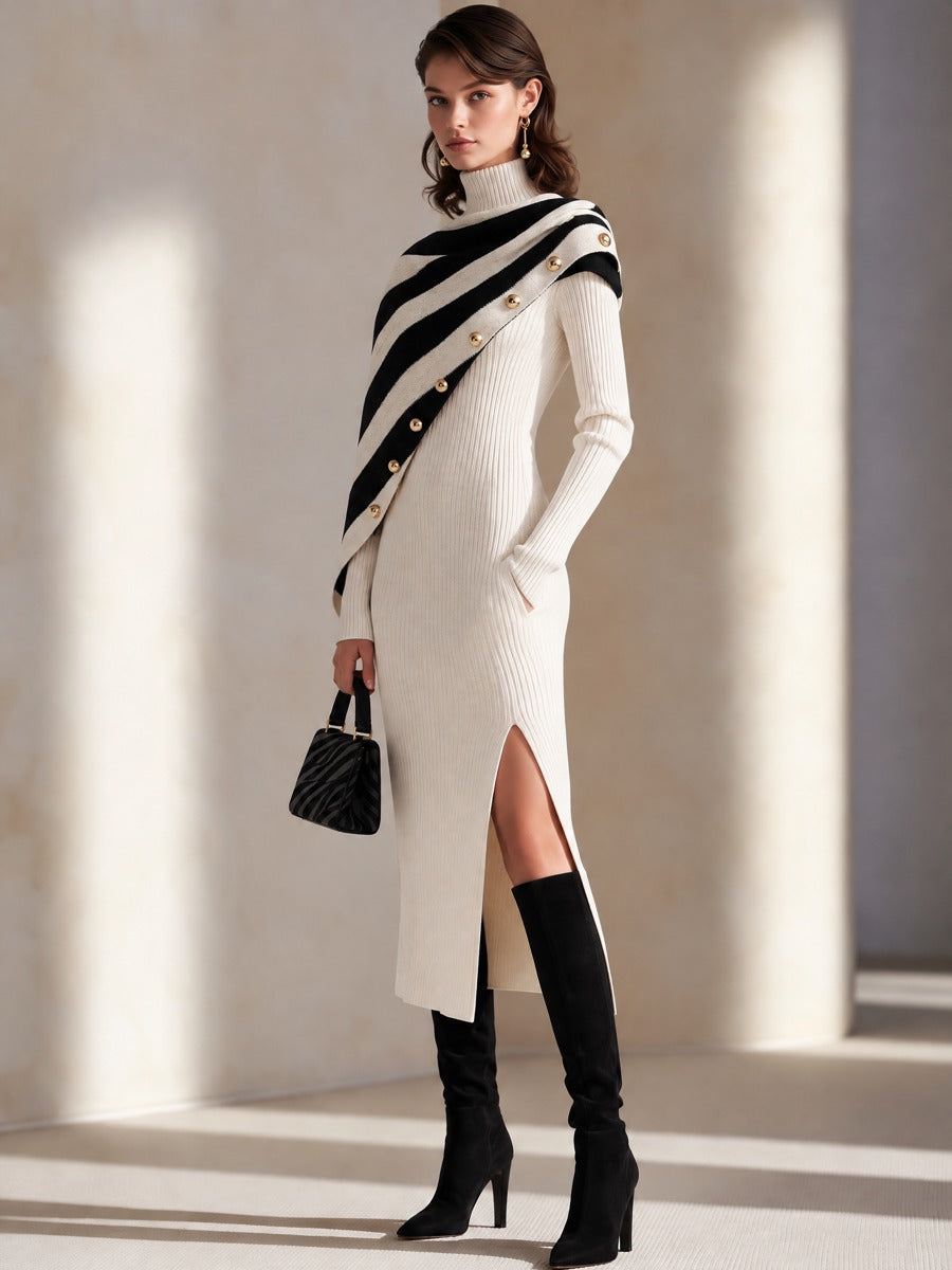 White Ribbed Fitted Midi Dress Detachable Shawl