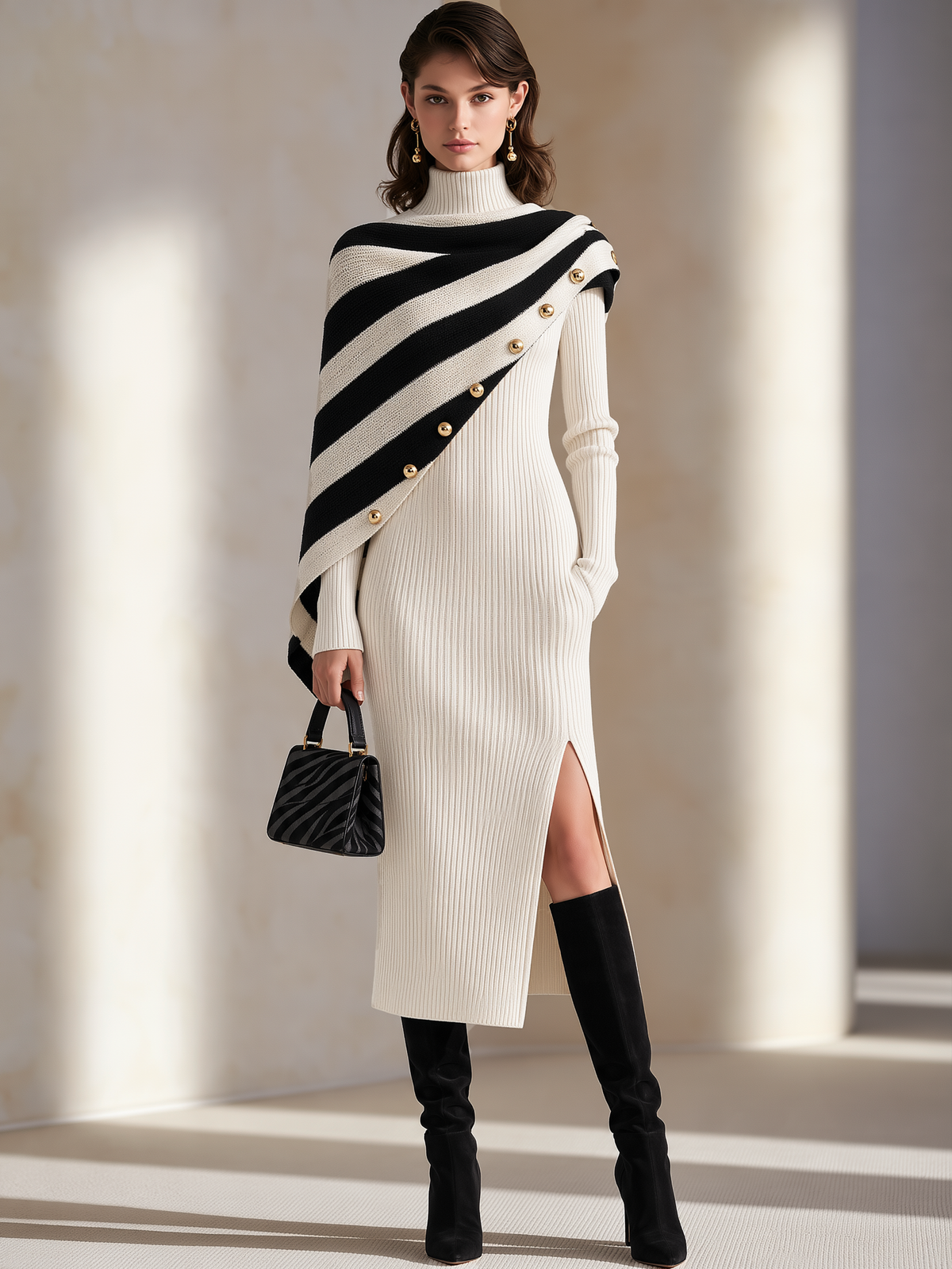 White Ribbed Fitted Midi Dress Detachable Shawl