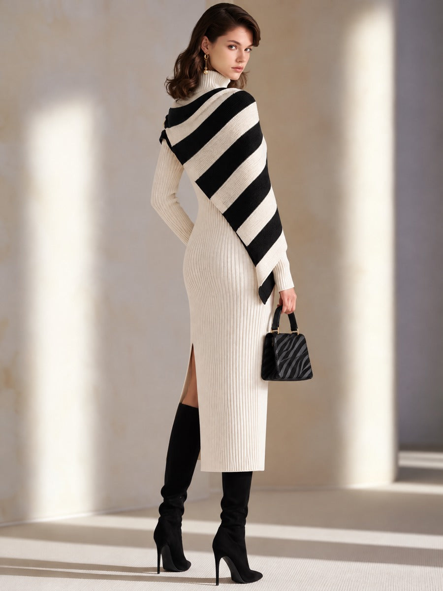 White Ribbed Fitted Midi Dress Detachable Shawl