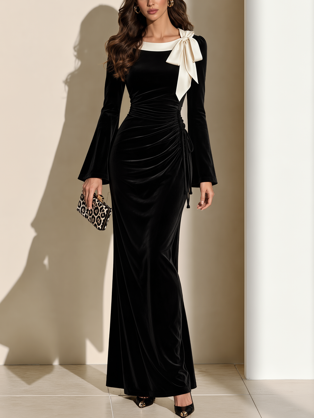 Contrast Collar Flare Sleeve Ruched Velvet Maxi Gown