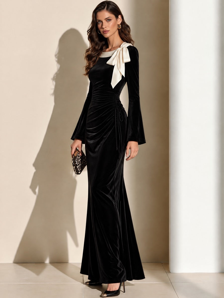 Contrast Collar Flare Sleeve Ruched Velvet Maxi Gown