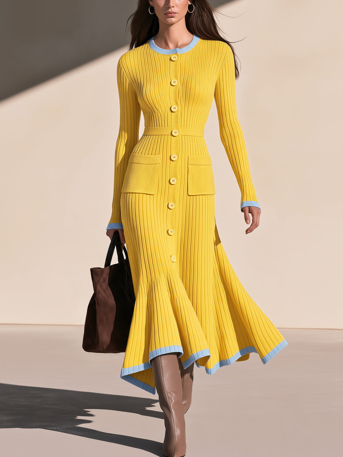 Yellow Contrast Trim Ribbed Knit Midi Dress