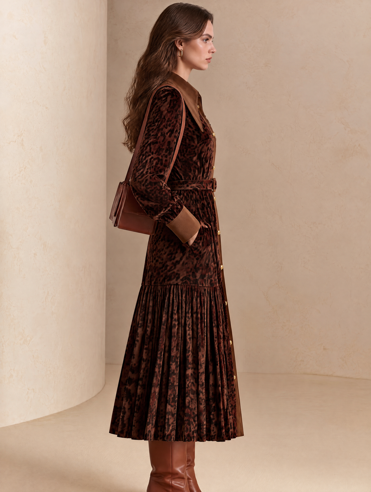 Brown Leopard Print Velvet Belted Shirt Dress With Contrast Collar And Pleated Hem