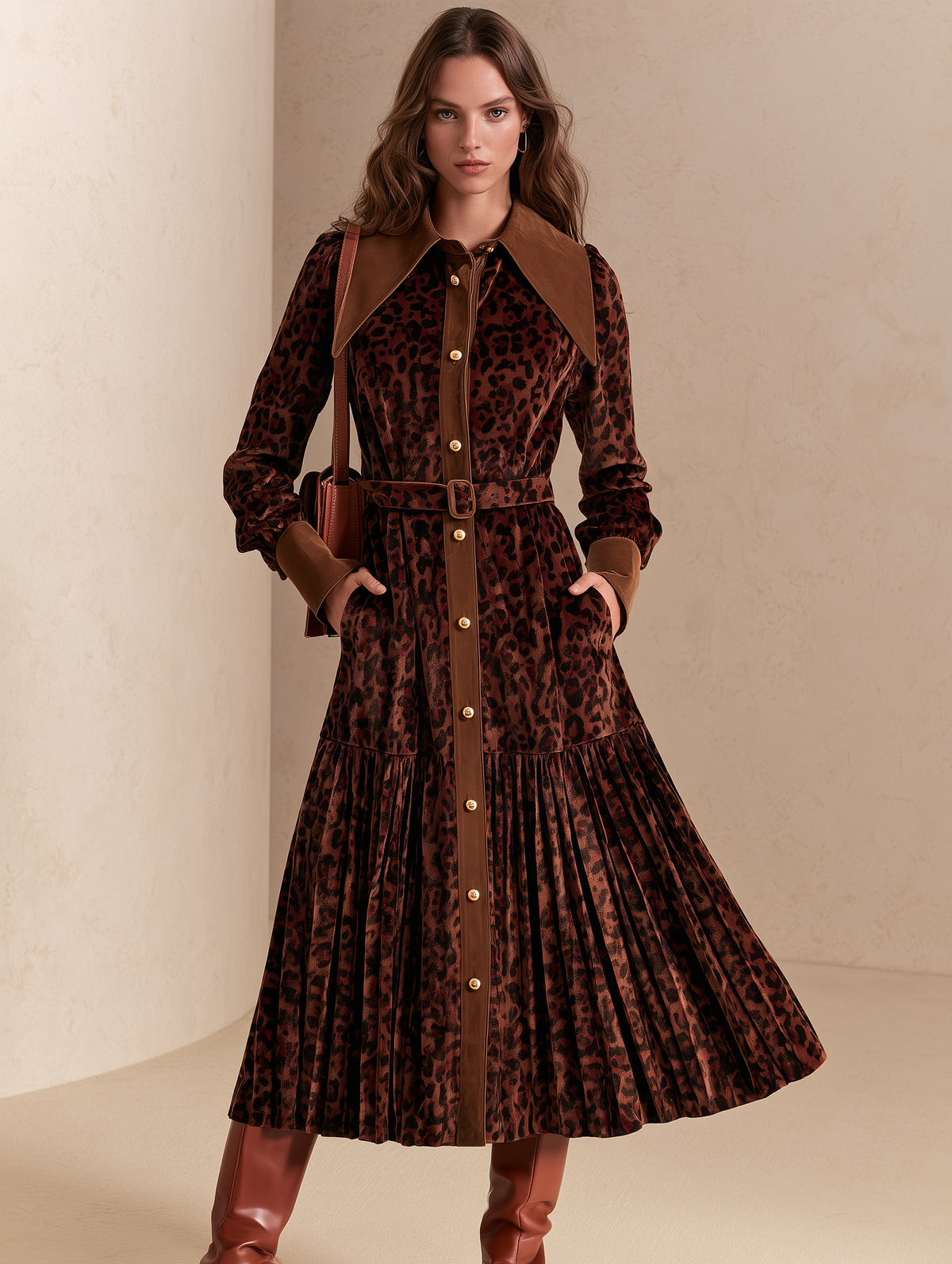 Brown Leopard Print Velvet Belted Shirt Dress With Contrast Collar And Pleated Hem