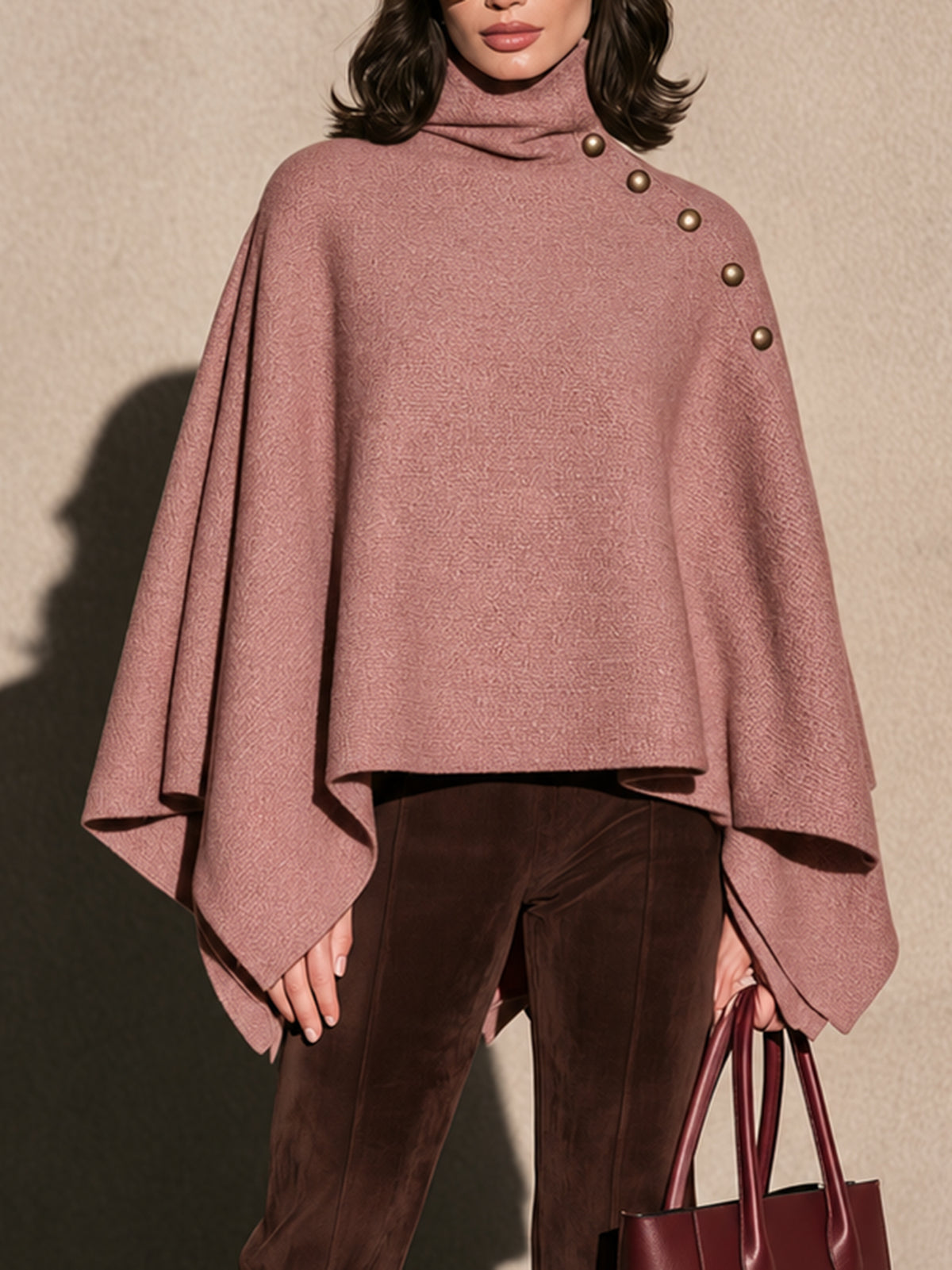Dusty Rose Turtleneck Cape Poncho With Antique Gold Shoulder Buttons