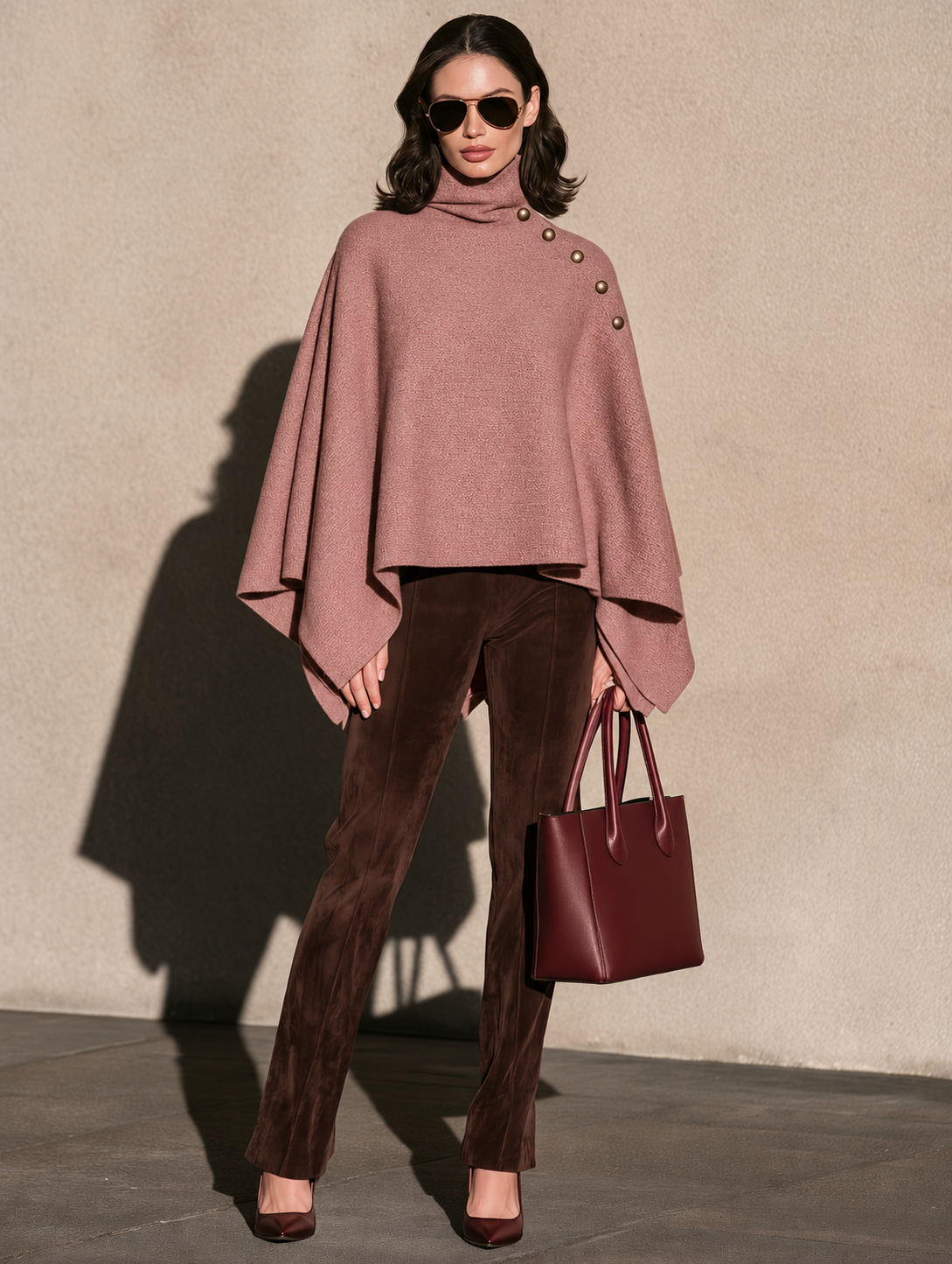 Dusty Rose Turtleneck Cape Poncho With Antique Gold Shoulder Buttons