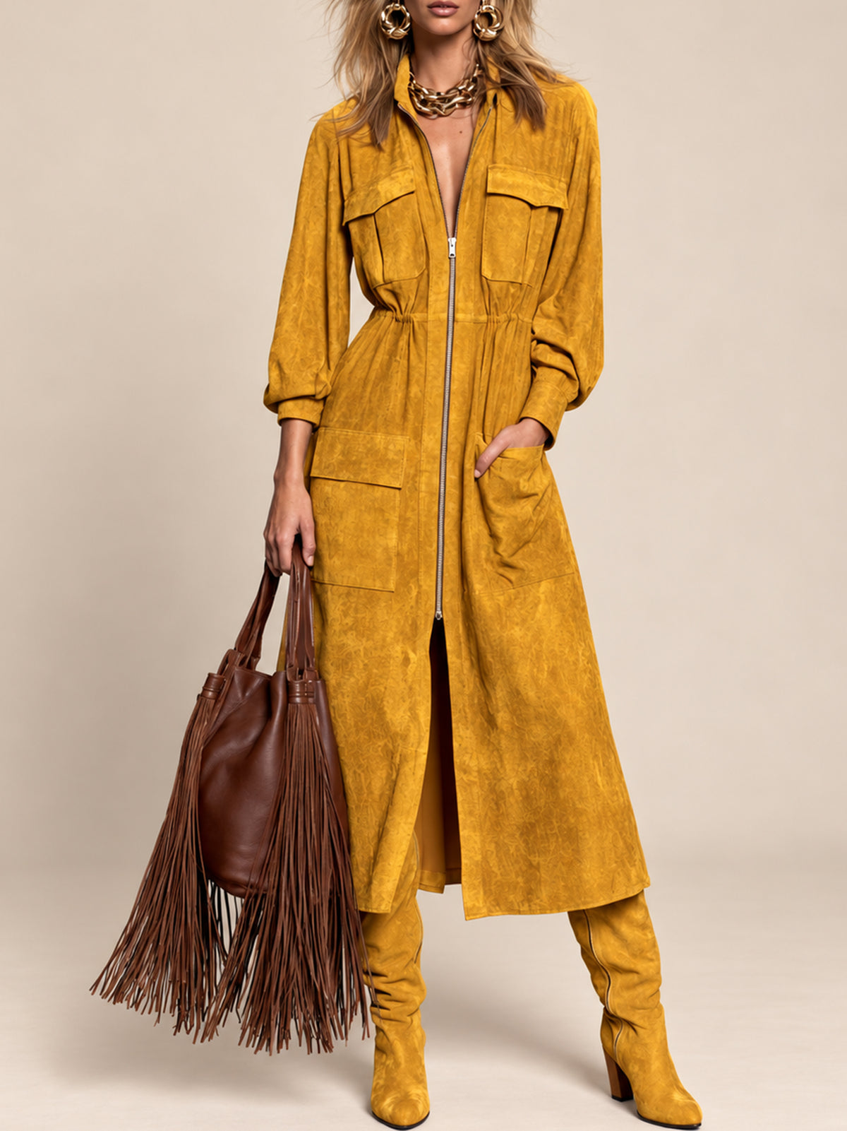 Mustard Faux Suede Zip-Front Utility Midi Dress With Patch Pockets