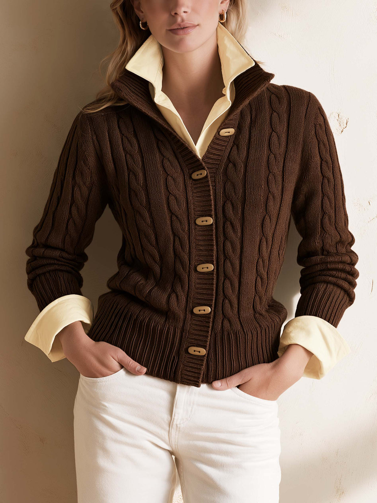 Coffee Cable Layered Shirt Collar Knit Cardigan