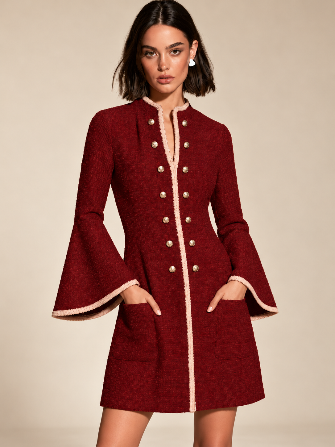 Burgundy Tweed Military Mini Dress With Contrast Pink Trim And Bell Sleeves