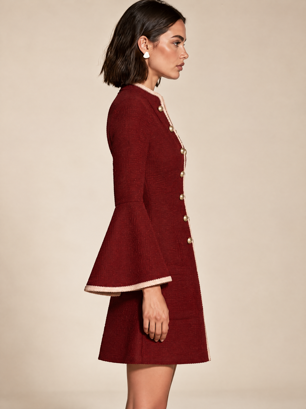 Burgundy Tweed Military Mini Dress With Contrast Pink Trim And Bell Sleeves
