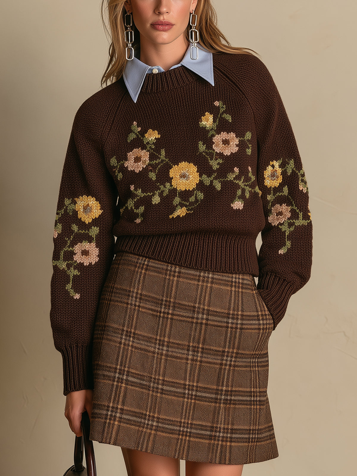 Brown Floral Jacquard Knit Sweater Layered Shirt Collar Pullover