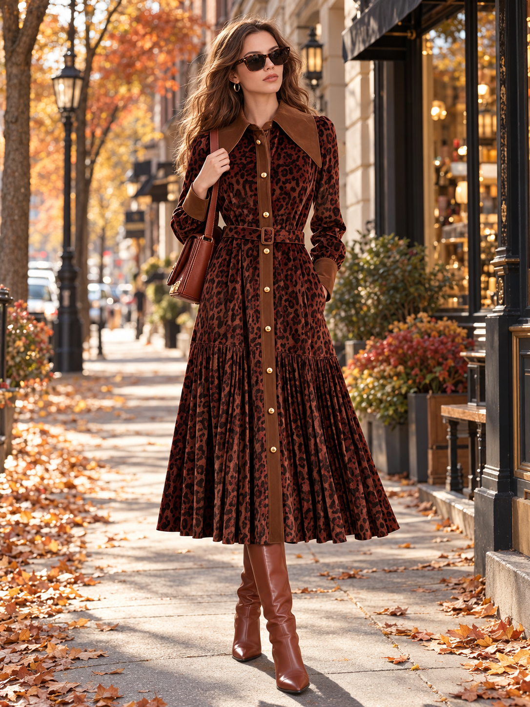 Brown Leopard Print Velvet Belted Shirt Dress With Contrast Collar And Pleated Hem