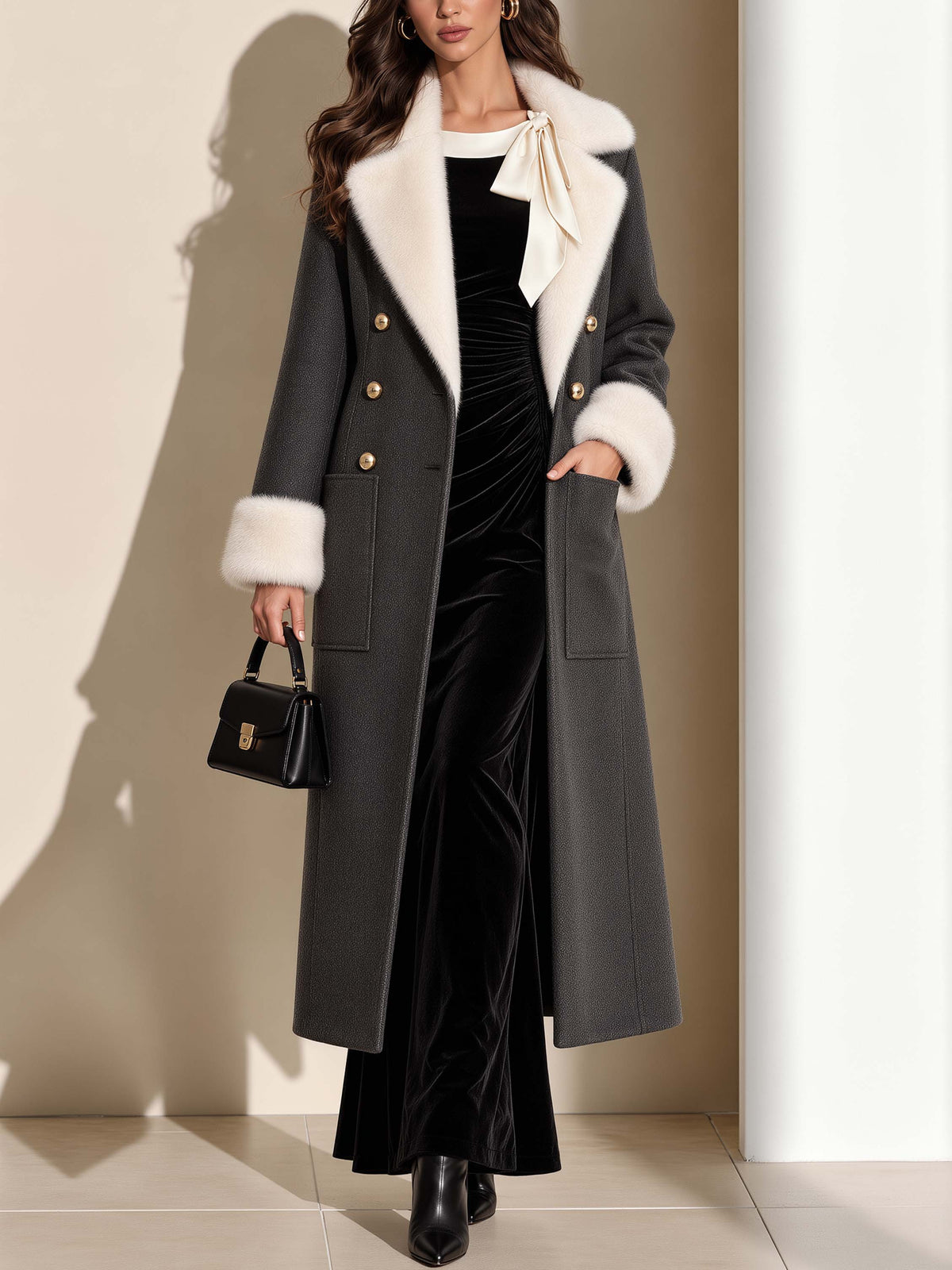 Detachable Cream Fur Collar Wool Long Coat