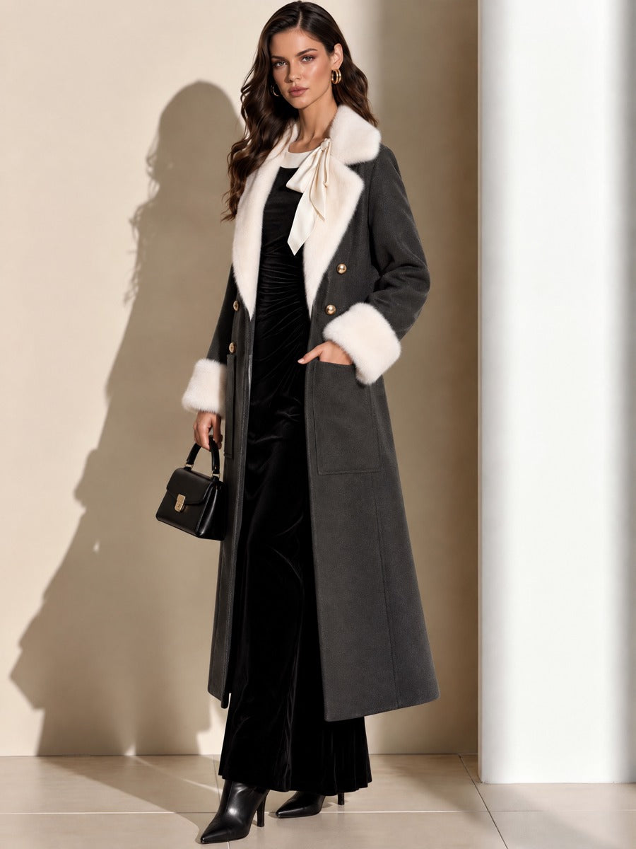 Detachable Cream Fur Collar Wool Long Coat