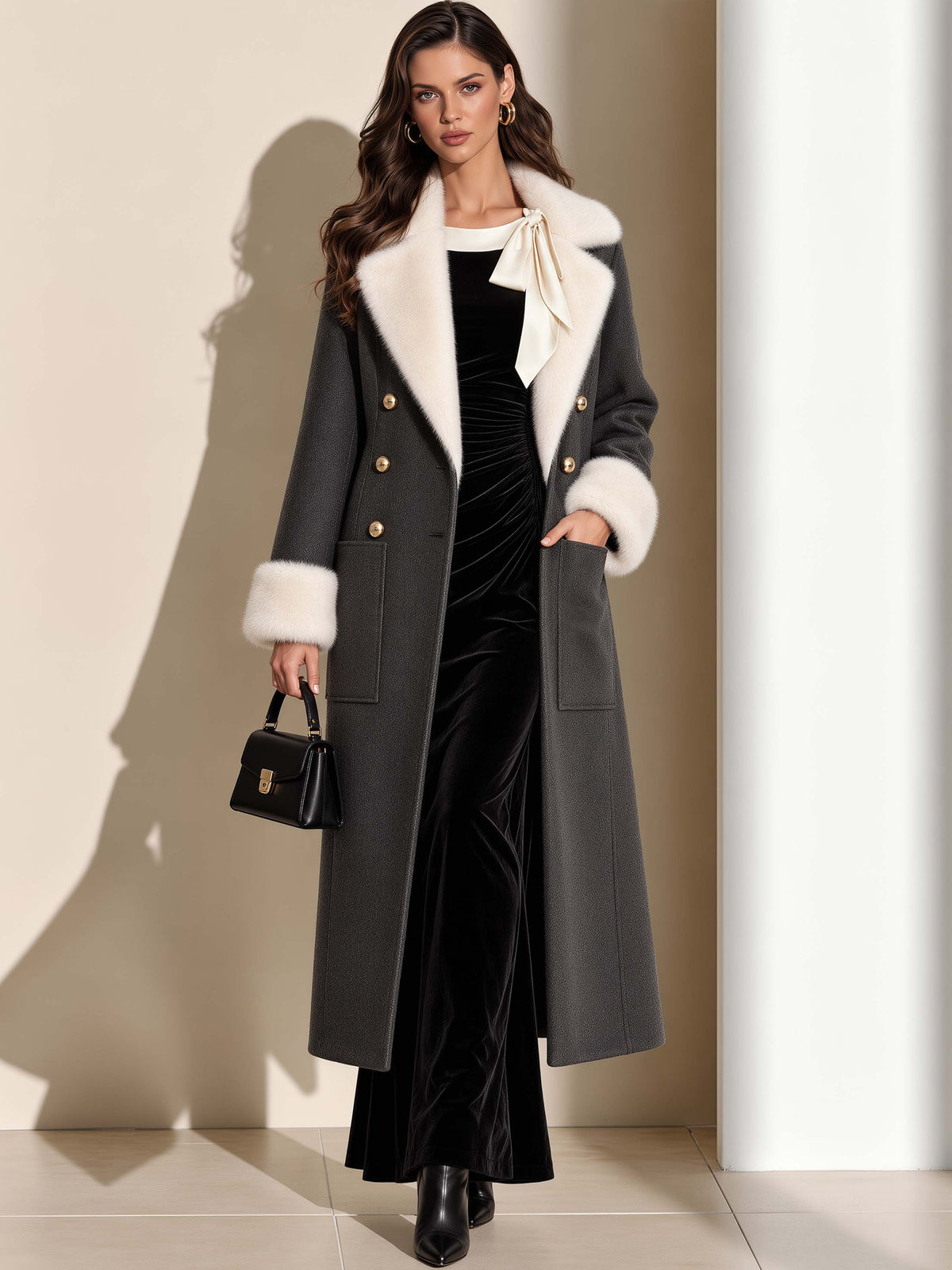 Detachable Cream Fur Collar Wool Long Coat