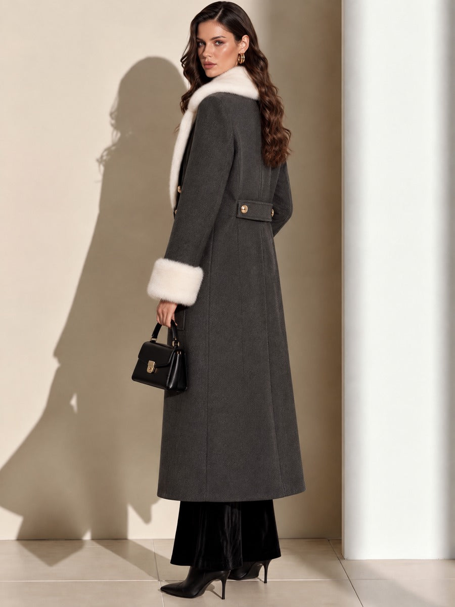 Detachable Cream Fur Collar Wool Long Coat