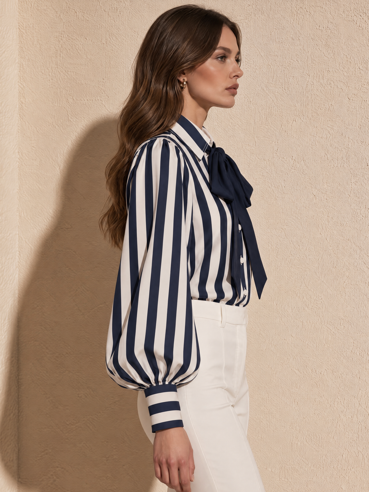 Navy Blue And White Striped Bow-Tie Blouse