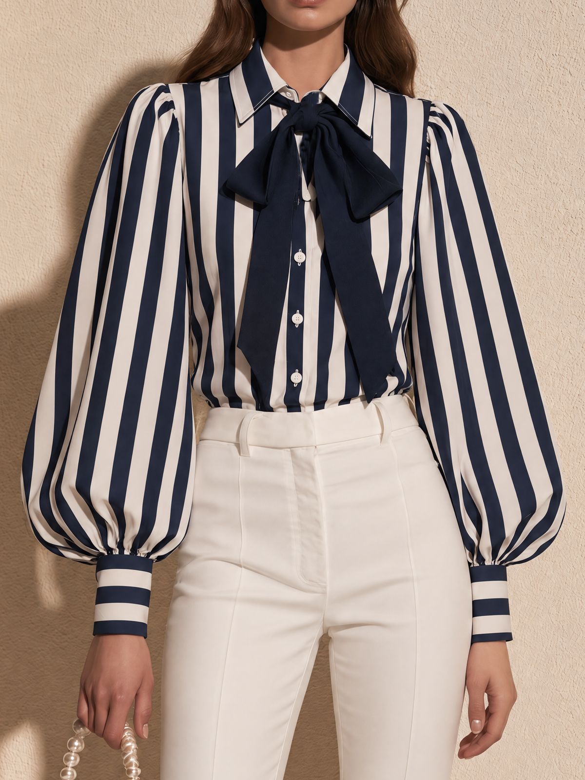 Navy Blue And White Striped Bow-Tie Blouse